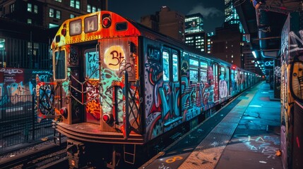 Fototapeta premium A whole car of graffiti on a subway train in New York City (Stock Photo)