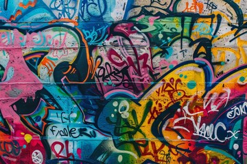 Obraz premium On a graffiti wall, an abstract street art is seen in close-up.
