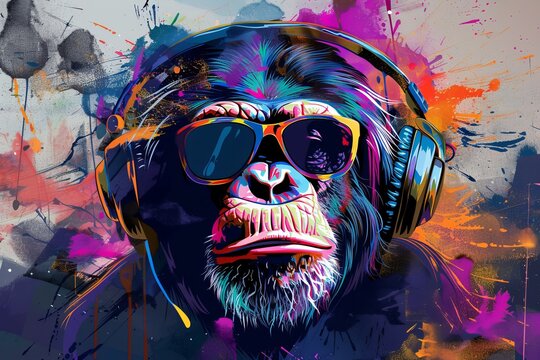 Using generative AI technology, a monkey wears headphones in an abstract painting