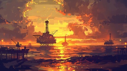 Obraz premium Oil Rigs at Sunset