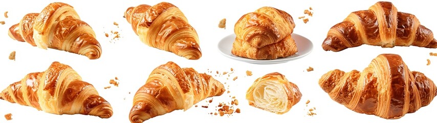 Fototapeta premium Croissants that fresh and delicious falling in the air isolated on background, Breakfast time, popular plain croissant breads.pmg