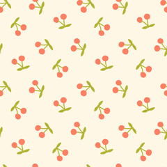 Simple cherry vector pattern. Bright frutti on a beige background for printing fabric, wrapping paper, textile.