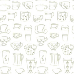 Cute line cups doodle seamless pattern on a white background. Hand-drawn texture with coffee and tea mug. Monochrome print design for paper, fabric, textile.