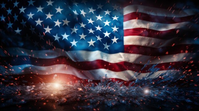 American flag patriotic poster with fireworks and lights background for festive celebration