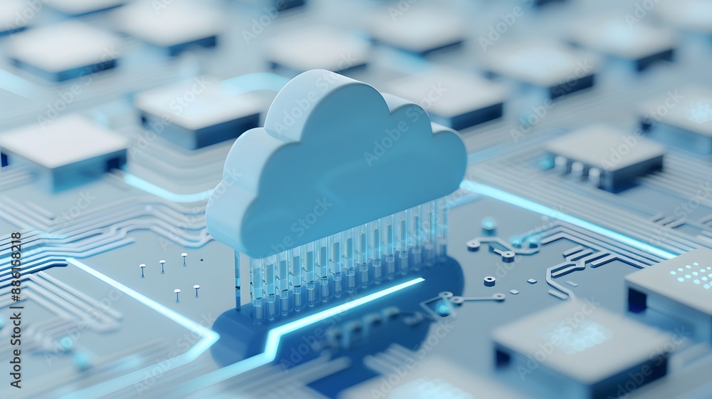 Poster 3d illustration of a cloud icon on a circuit board, symbolizing cloud computing and data storage tec