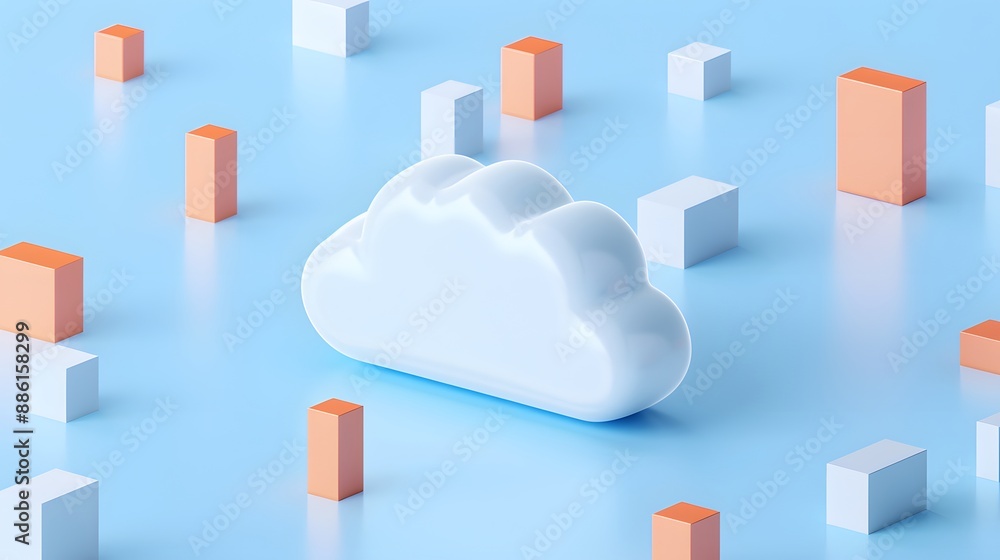 Poster 3d illustration of a cloud symbol surrounded by rectangular blocks, representing cloud computing and