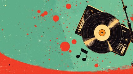 Vintage postcard. World Music Day. Vinyl record and turntable on a blue-green background with red splashes. Horizontal banner. Free space for text. Flat illustration. Art, creativity, rhythm, melody