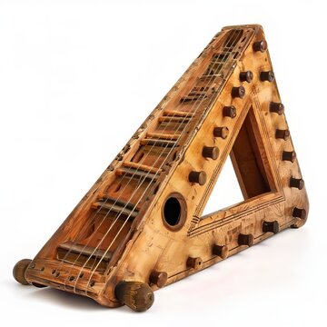 Ancient wooden stringed musical instrument with triangular frame