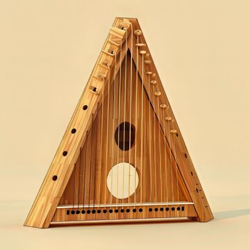Ancient wooden triangular psaltery with strings and sound hole