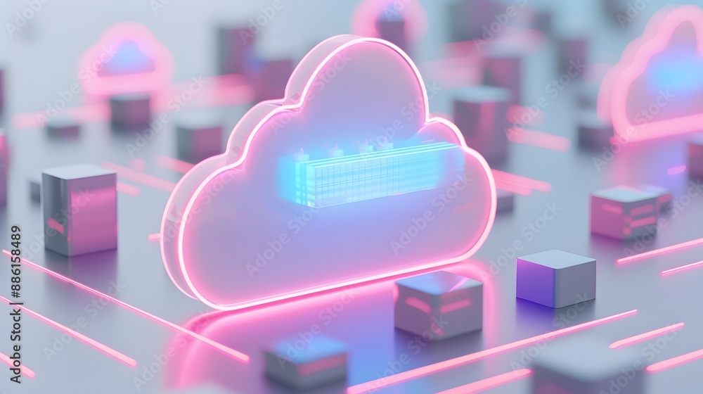 Poster 3d illustration of a glowing cloud computing concept with neon lights and abstract digital data stor