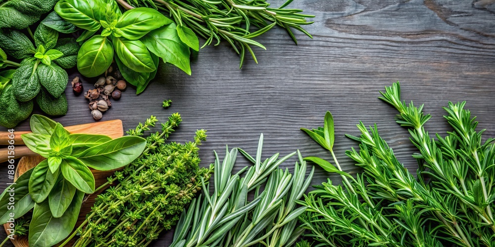 Canvas Prints A mix of various fresh herbs including basil, rosemary, and thyme , herbs, mix, variety, flavor, culinary, cooking