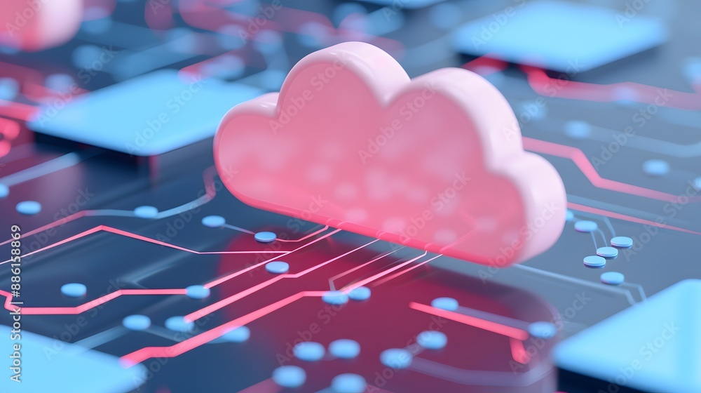 Poster 3d illustration of a pink cloud symbol over a digital circuit board background, representing cloud c
