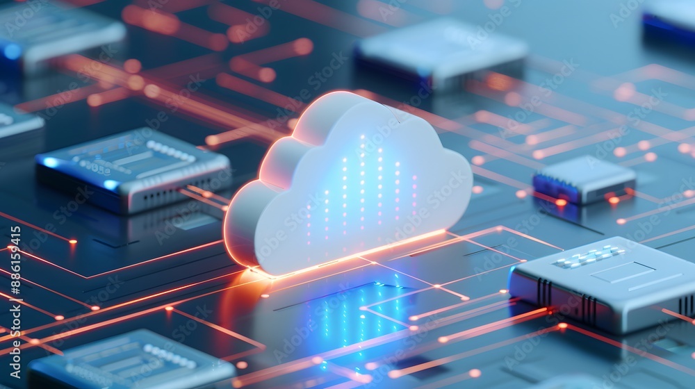 Poster 3d illustration of cloud computing technology. digital cloud symbol amid network circuits signifies 