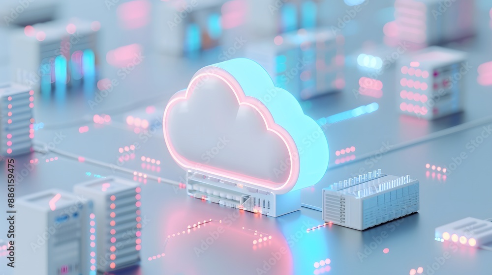 Poster 3d illustration of cloud computing technology with data storage and server connections in a futurist