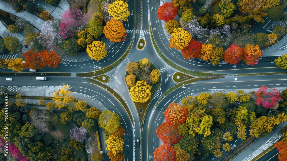 Poster depict an aerial view of a highway intersection with vibrant spring blooms dotting the landscape, ad
