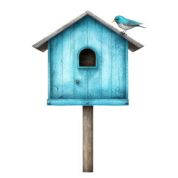 recommend clip art: Blue wooden birdhouse with bird perched on the roof in watercolor style clipart with transparent background