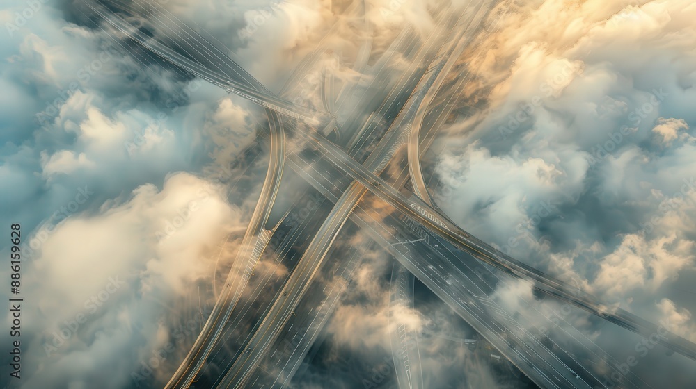 Poster depict an aerial view of a highway intersection with a dramatic sky, featuring clouds that add textu