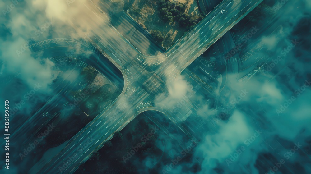 Poster depict an aerial view of a highway intersection with a dramatic sky, featuring clouds that add textu