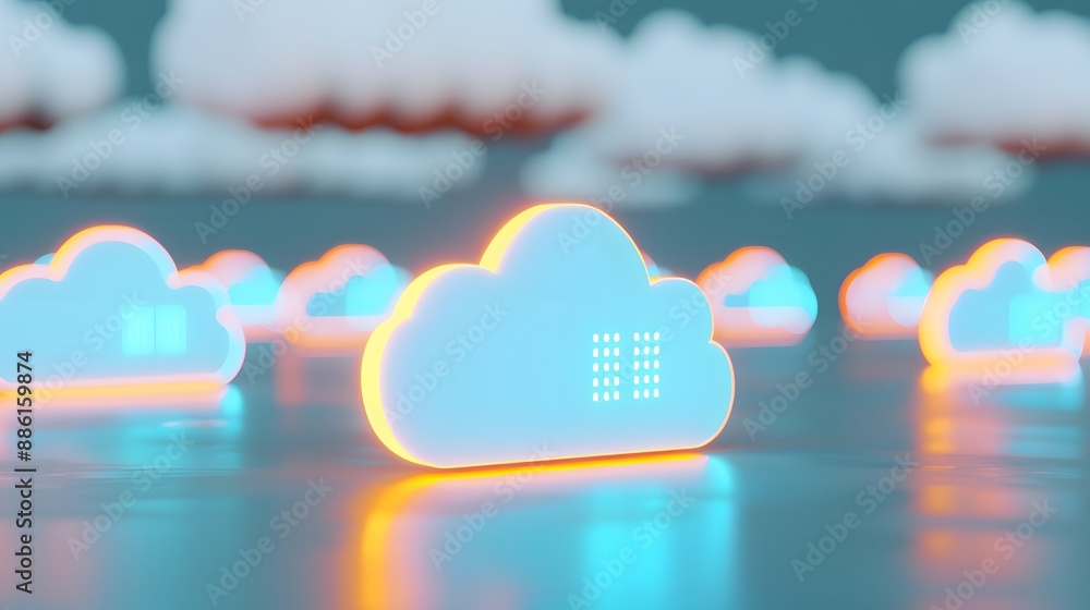 Poster 3d illustration of glowing cloud icons representing cloud computing and data storage against a futur