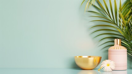 A luxurious spa setting with golden decor, designed in a minimalist style with clean lines and a serene color palette. The image provides plenty of copy space for adding text or graphics.