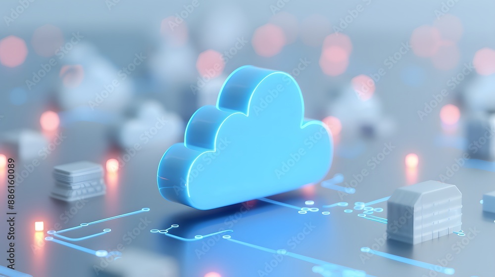 Poster 3d render of a blue cloud icon on a circuit board, symbolizing cloud computing, technology, and digi