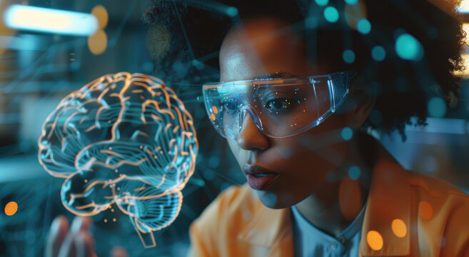 A young black woman scientist wearing protective glasses is looking at holographic representation of the human brain, with glowing lines and futuristic interface