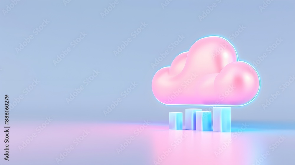 Aufkleber 3d render of a glowing pink cloud with blue pillars on a reflective surface, representing cloud comp