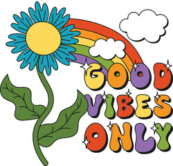 Naklejka premium Floral flower botanical quote in retro groovy trendy hippie psychedelic style for t-shirts, mugs, cards, wall art. Funny blue flower lettering composition with green curling stem, leaves, rainbow.