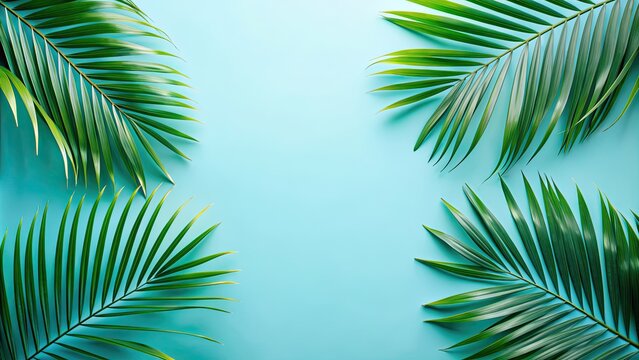 Tropical summer vibes stock photo featuring palm leaves on pastel blue background, tropical, summer, vibes