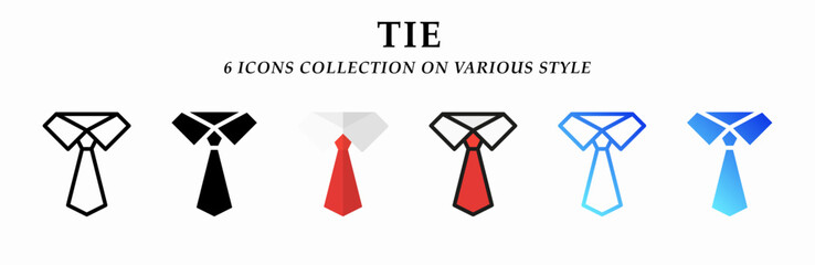 Tie icons collection. 6 Various styles. Lineal, solid Black, flat, lineal color and gradient. For sign, symbol, presentation, infographic or web graphics. Vector Illustration.