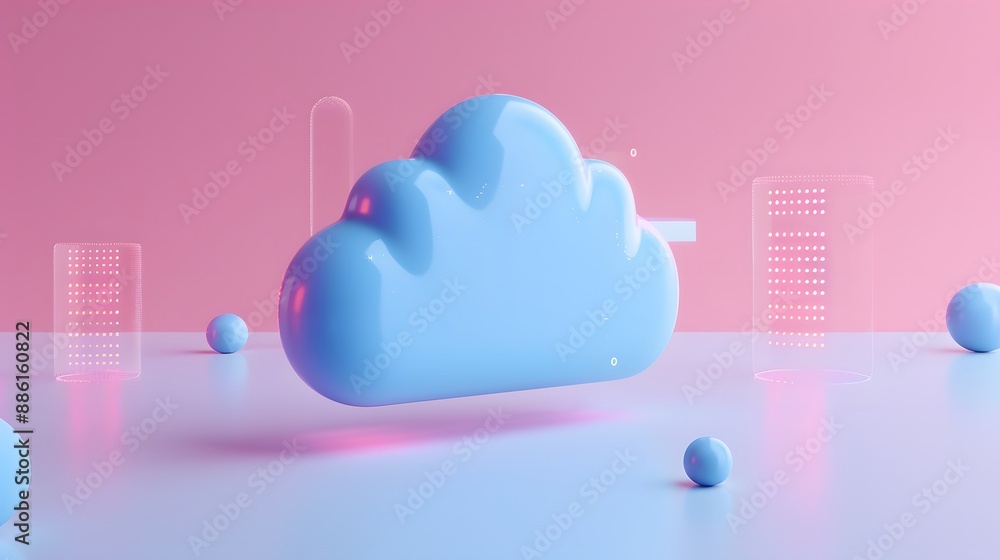 Aufkleber 3d rendering of a blue cloud icon on a pink background with floating spheres, representing cloud com