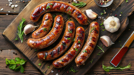 Flat lay of grilled sausages with garlic and herbs, wooden table, flavorful and appetizing 