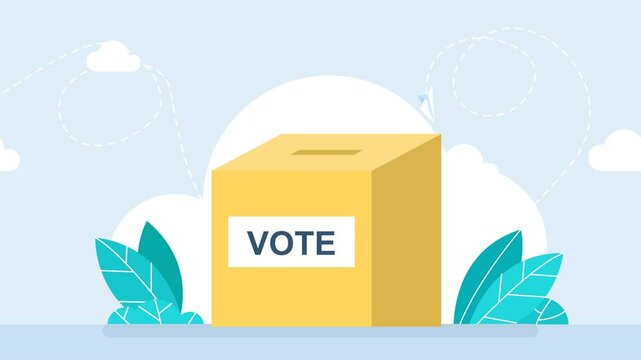 Voting yellow box. The ballot box falls from above. Inscription "VOTE" appearance. Urn, container. Election, referendum, debate, choice, expression of will. Presidential elections. 2d flat animation