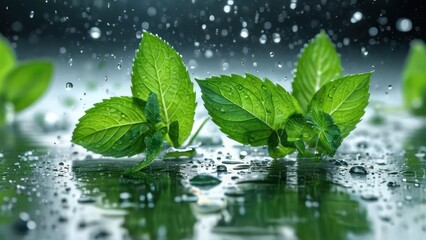 Fresh Mint Leaves in Water Droplets.