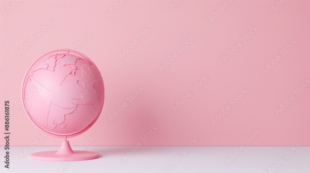 Poster a minimalist pink globe on a simple stand, placed on a white surface with copy space. the soft pink 