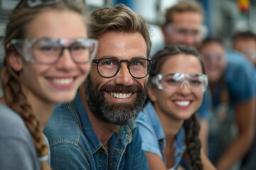 Obraz premium Several beautiful people of various ages and genders, some wearing glasses, are smiling and laughing while a well-groomed man with a beard looks at the camera during an annual assessment