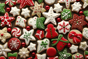 Obraz premium Christmas cookies decorated with red, green, and white icing for festive holiday celebrations
