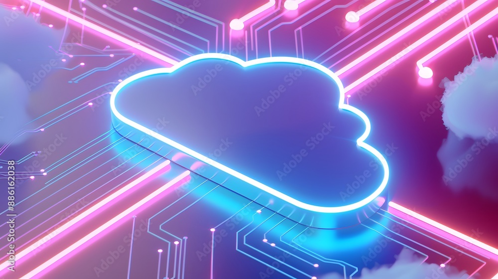 Poster a 3d illustration of a glowing cloud symbol, representing cloud computing and technology in a neon-l