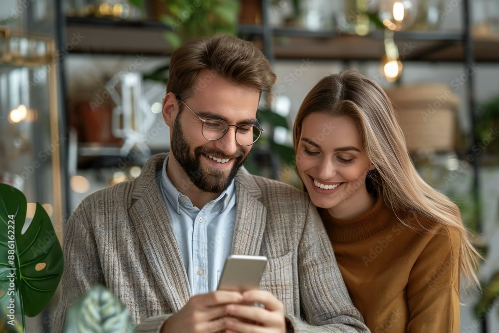 Poster the young businessman with a well-groomed beard and eyeglasses is smiling while using his mobile pho