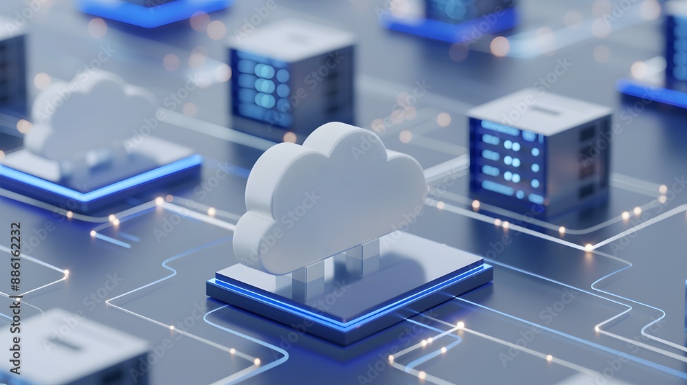 Poster a conceptual representation of cloud computing technology with server connections and data storage h