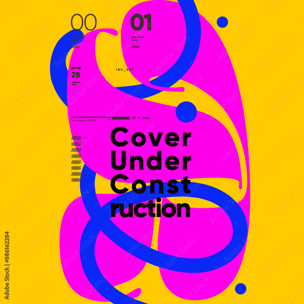 Wall mural vibrant and bold poster design featuring fluid shapes in pink and blue on a yellow background, symbo