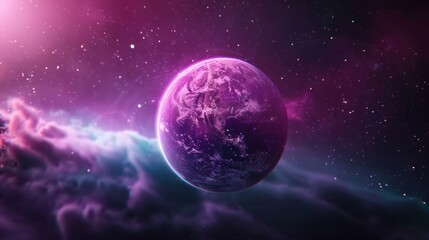 Obraz premium A conceptual image of a purple globe floating in space, surrounded by stars and nebulae. The minimalist design and ample copy space make it suitable for a variety of creative projects.