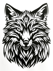 Fototapeta premium A black and white drawing of a wolf with a fierce expression. The wolf's fur is thick and its eyes are wide open, giving it a menacing appearance. The drawing is bold and striking