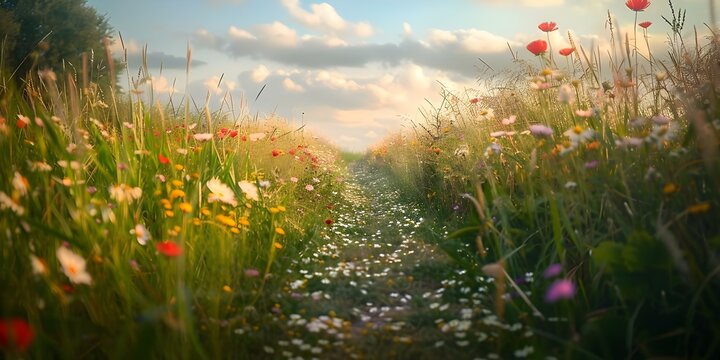 Exploring a Dutch dike path enveloped in wildflowers and tall grass. Concept Nature Photography, Wildflower Exploration, Dutch Dike Path, Botanical Beauty