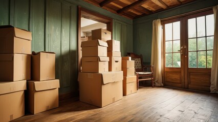 Stacked Moving Boxes in an Empty Room.