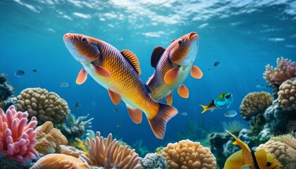 Obraz premium Carp fish Graceful Leaps: Carp Fish in a Vibrant Underwater Ballet