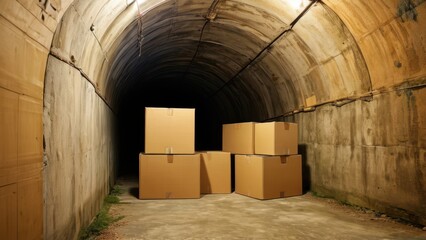 Cardboard boxes in a dark tunnel.