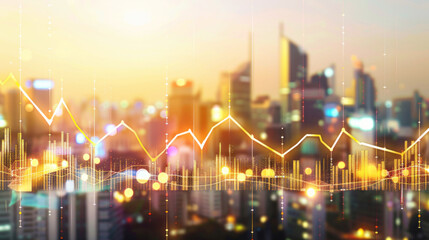 A financial graph with an upward trend on a city backdrop, conveying business prosperity with golden lines.