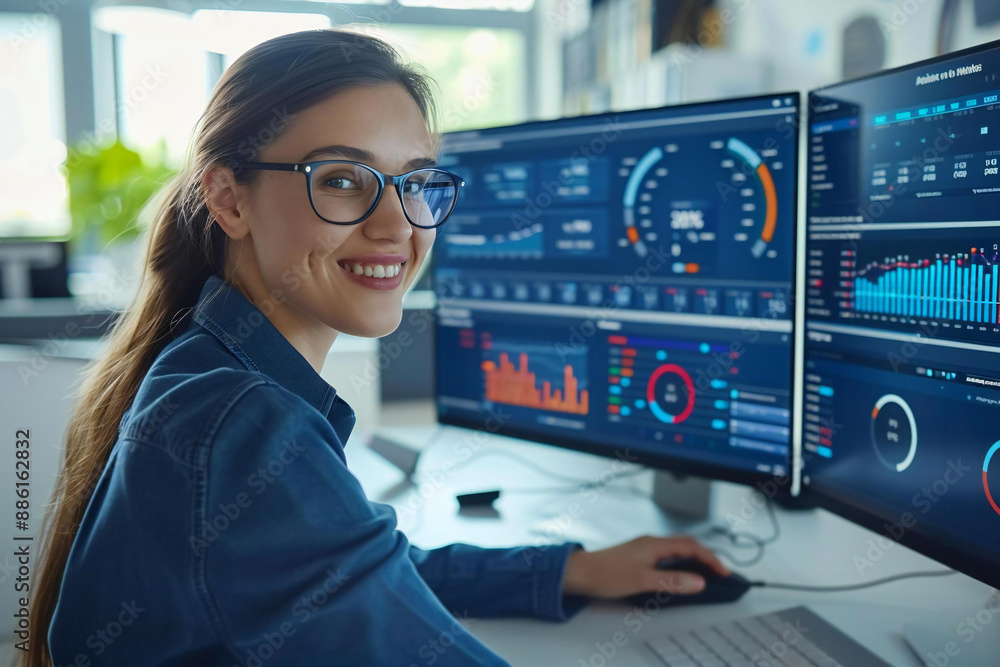 Poster the beautiful female analyst with a confident smile and wearing eyeglasses utilizes a computer and a