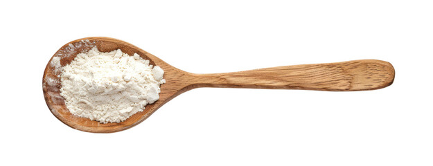 A wooden spoon with flour isolated on a transparent background, top view.